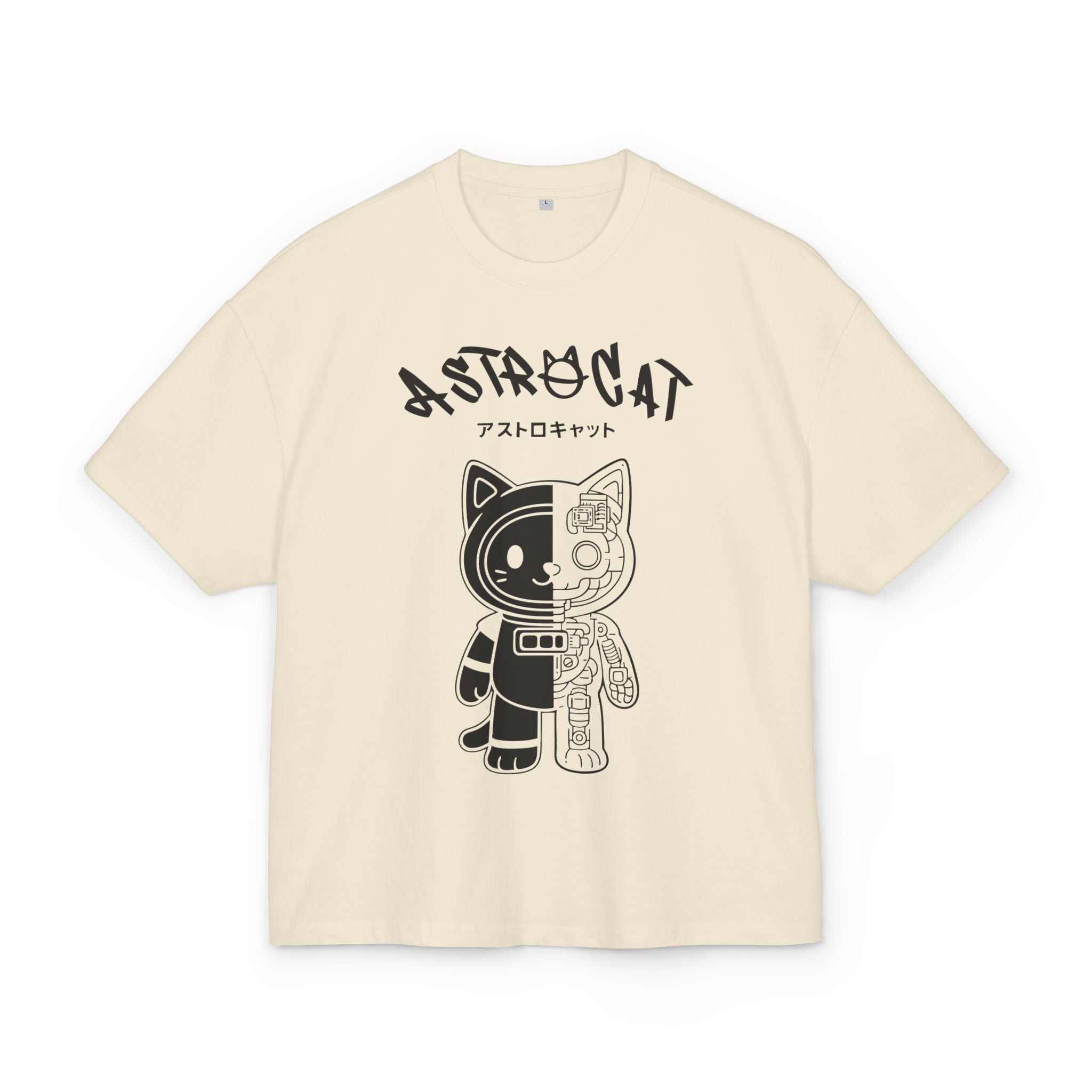 Beige t-shirt with black 'Astrocat' graphic design on a white background