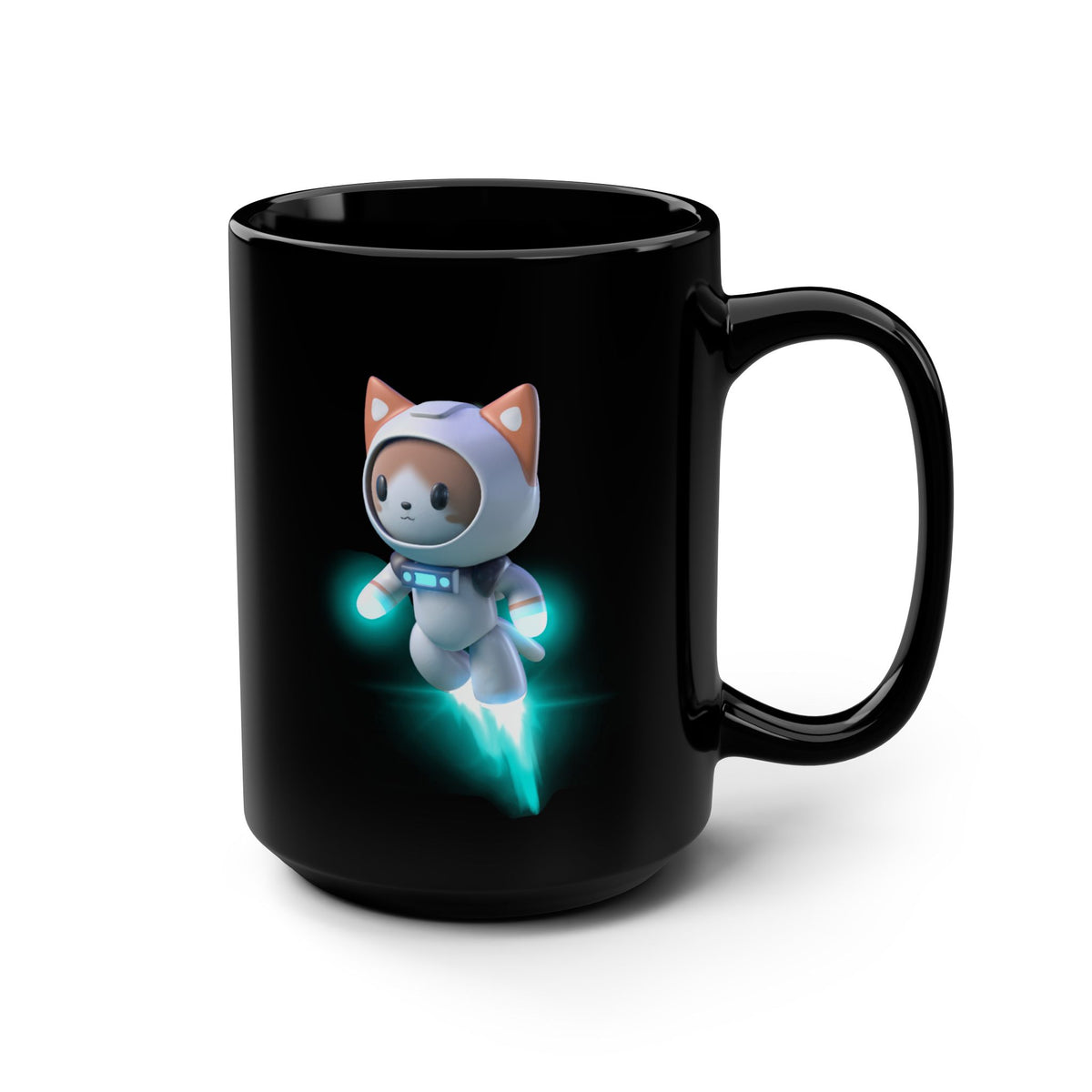 15oz Black Mug — Cute Astronaut Cat Rocket Design