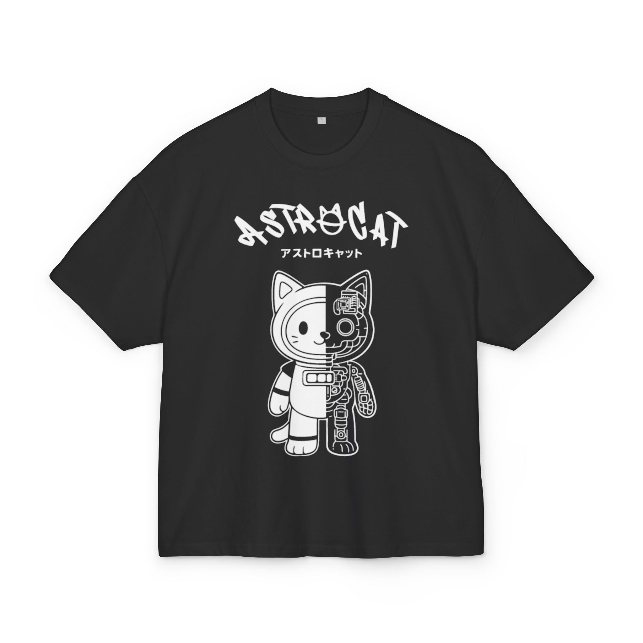 Black t-shirt with a cartoon astronaut cat design and 'ASTROCAT' text on a white background